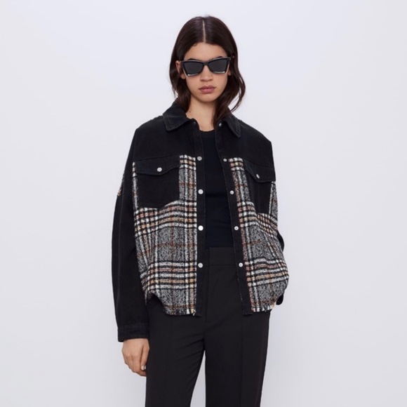 Zara Black Orange Tweed Washed Denim Fall Over-shirt Jean Jacket - Picture 2 of 11